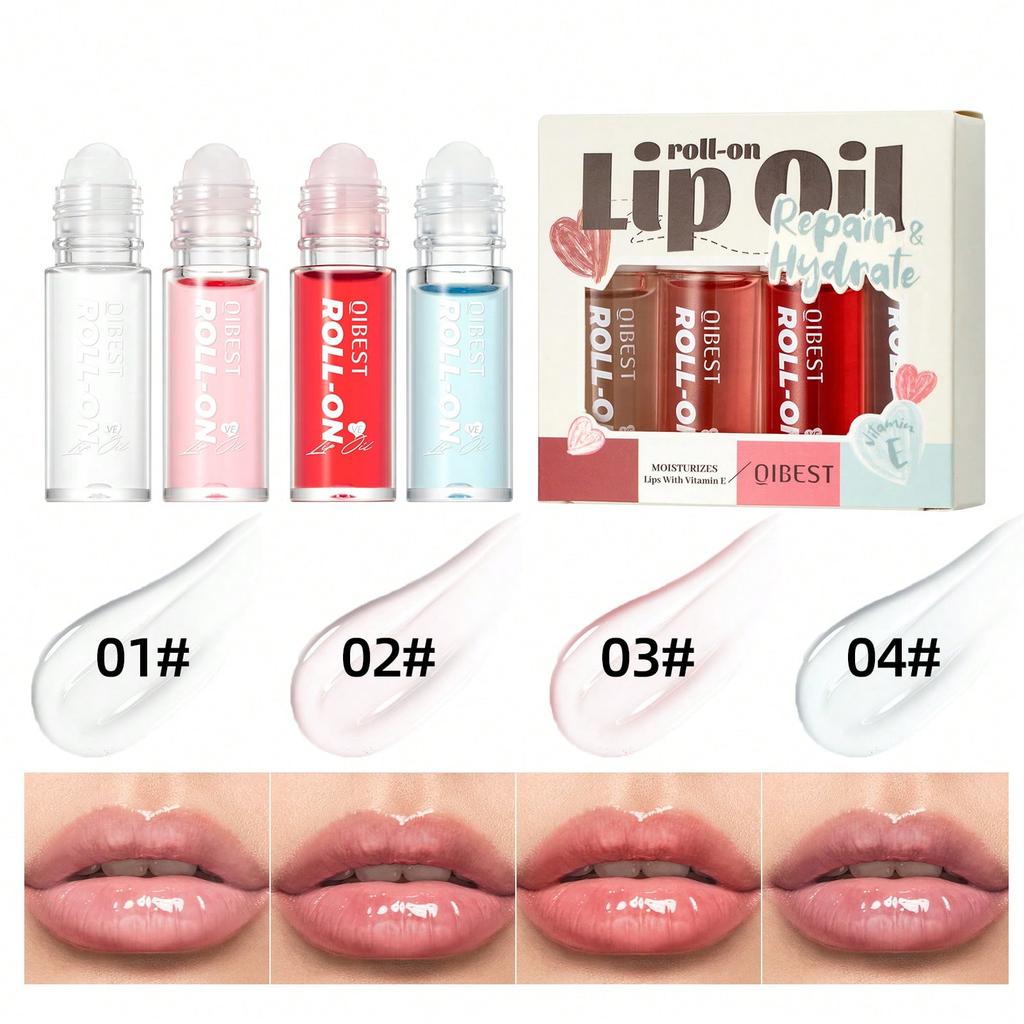 4pcs Lip Gloss Makeup Set, Roller Ball Transparent Lip Oil, Moisturizing, Glossy Makeup Effect, Conv