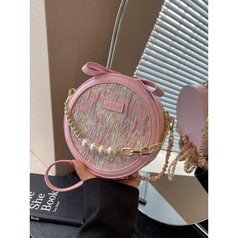 Niche bead chain round cake bag women's new fashionable versatile small round bag casual texture shoulder messenger bag