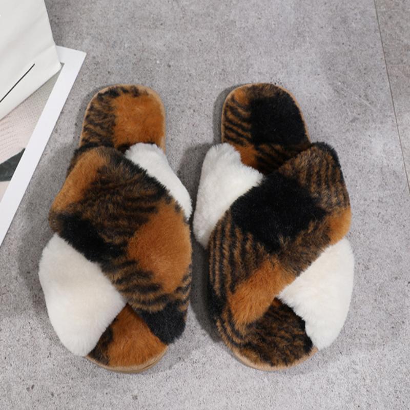 Cross furry slippers for winter indoor plush flat floor mop with exposed toes and warm cotton mop