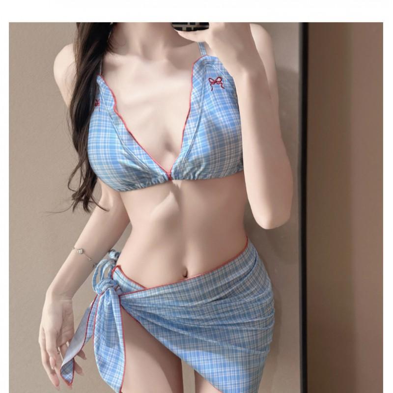 Womens Pink White Plaid Halter Bikini Set With Tie Side Bottoms Wrap Skirt Cover-Up Swimming Beach Vacation