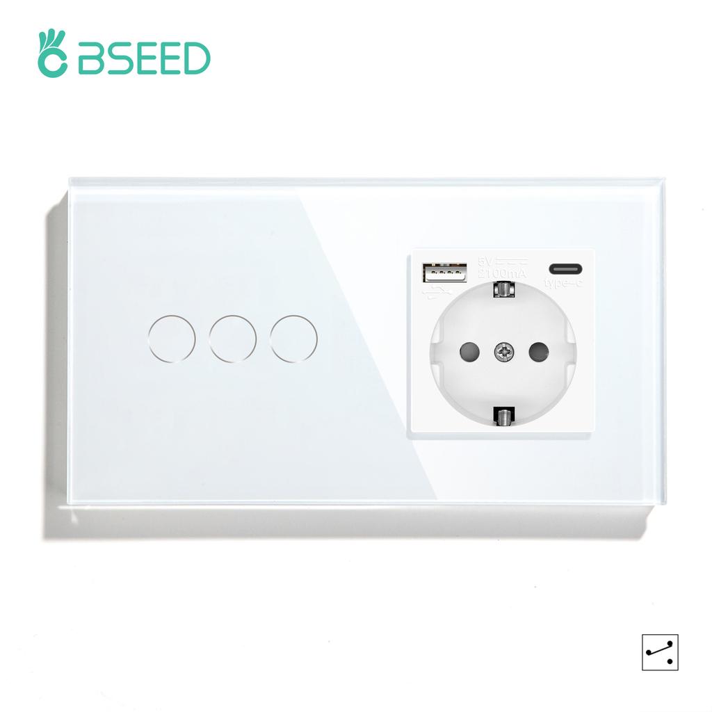BSEED 1/2/3-fach Touch-Lichtschalter 1/2/3-Wege für Treppenflure plus Steckdose USB-C-Anschlüsse EU-Standard Glaspanel