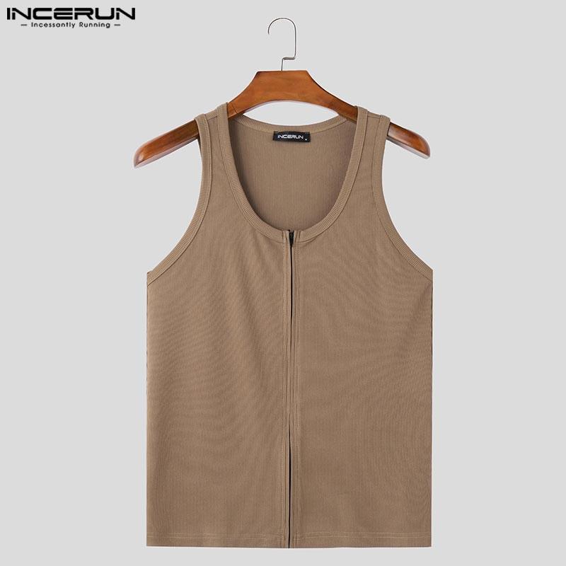 INCERUN Men Summer U Neck Sleeveless Zipper Rib Skinny Tank Tops