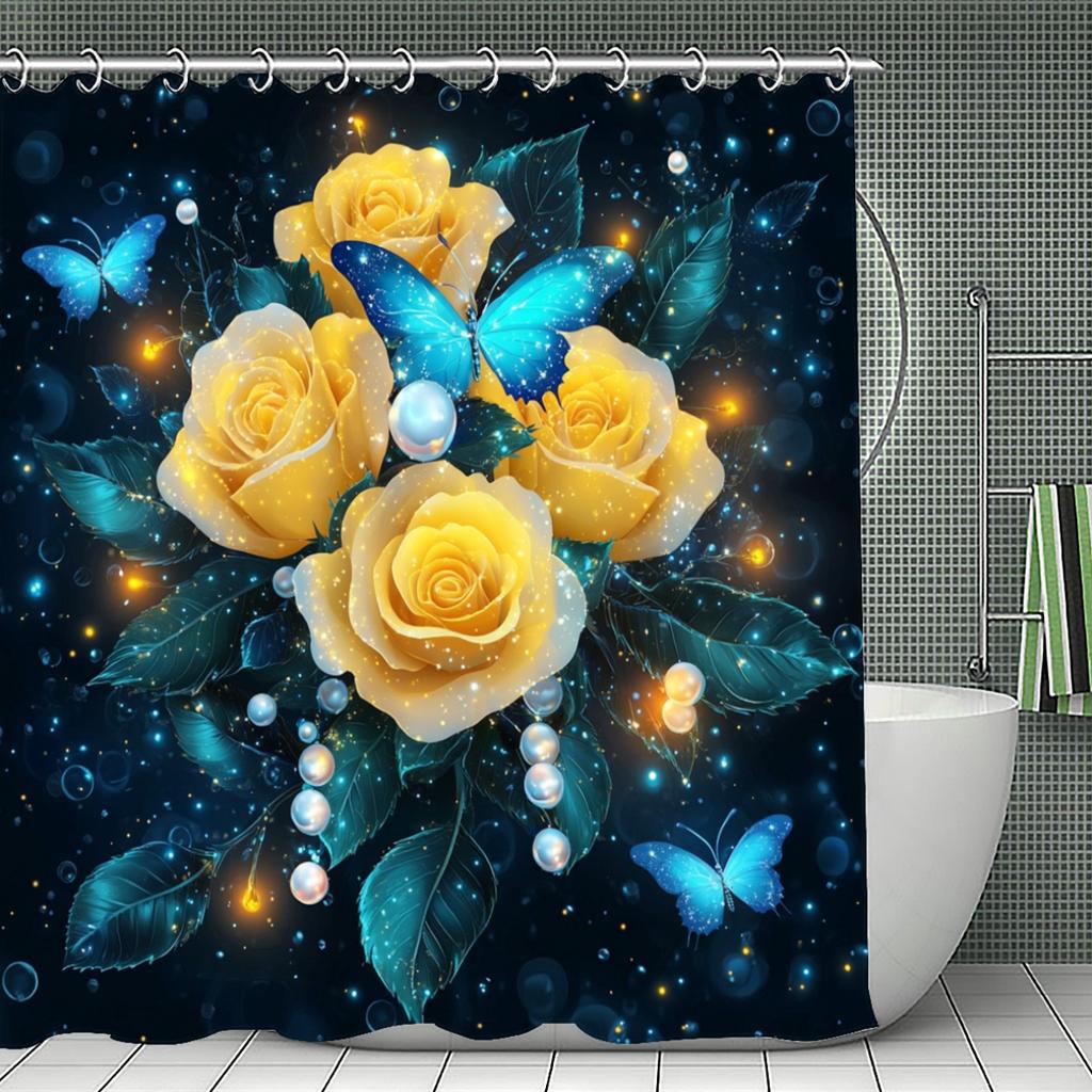 4Pcs Golden Roses And Butterflies Shower Curtain Set with Non-Slip Bath Mat, Toilet Lid Cover, Contour Rug & 12 Hooks, Bathroom Decor