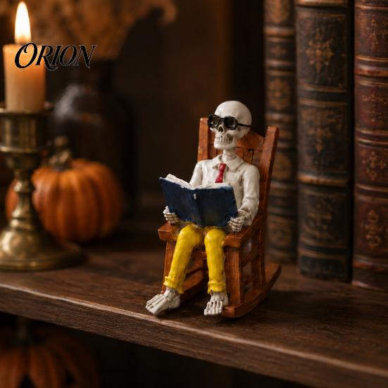 Durable Resin Skeleton Ornament Halloween Figurine, Sitting On Rocking Chair Statue, Drinking Hand Carved Coffee Crocheting Reading Tabletop