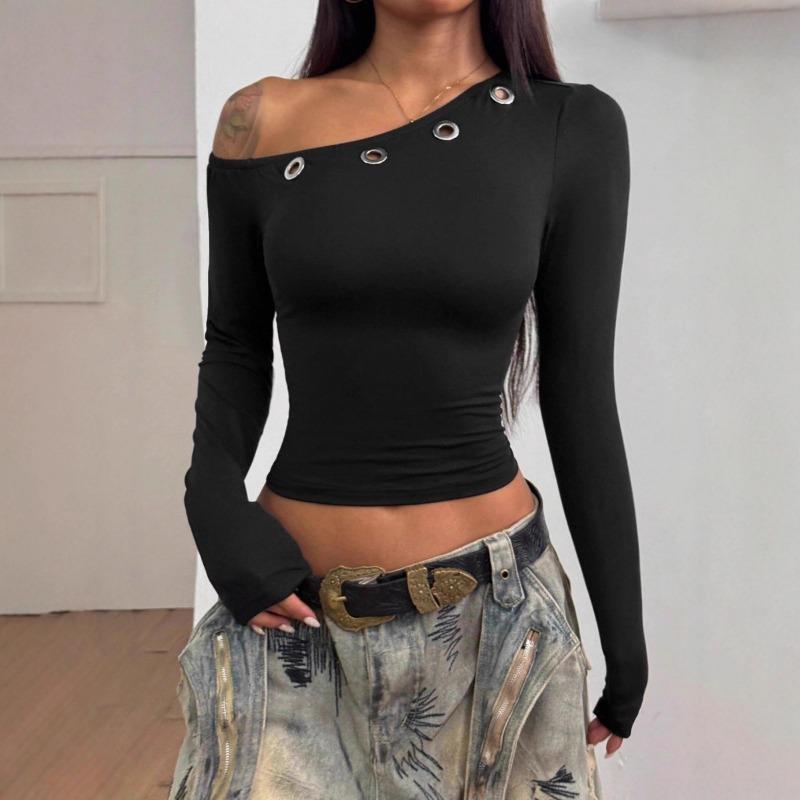 Women Solid One Shoulder Long Sleeve Cropped Tight Casual T Shirt