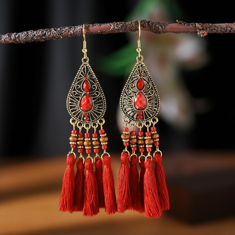 Fashion Bohemian Big Waterdrop Geometric Hollow Tassel Earrings For Women Wooden Beads Handmade Boho Female Wedding Drop Zircon красный