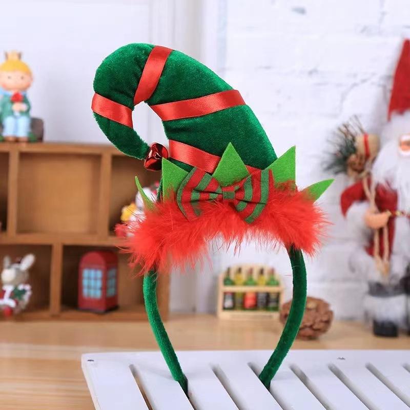

Children Adult Christmas Santa Elf Hat Hair Hoop Clasp Contrast Color Fluffy Bowknot Headband With Jingle Bell Cosplay Costume