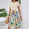 Women's Casual Fashion Belted Floral Printed Short Sleeve Round Neck Elegant Flowing Dress