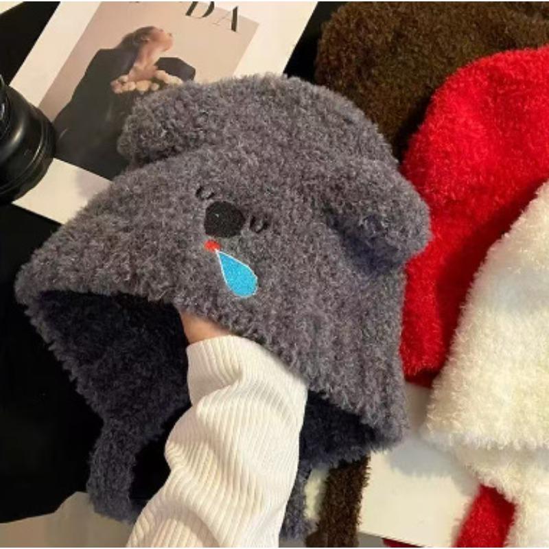 Korean Version of Cute Koala Knitted Woolen Hat for Women in Autumn and Winter Cycling To Keep Warm Ear Protection Hat Straps To Make The Face Smaller