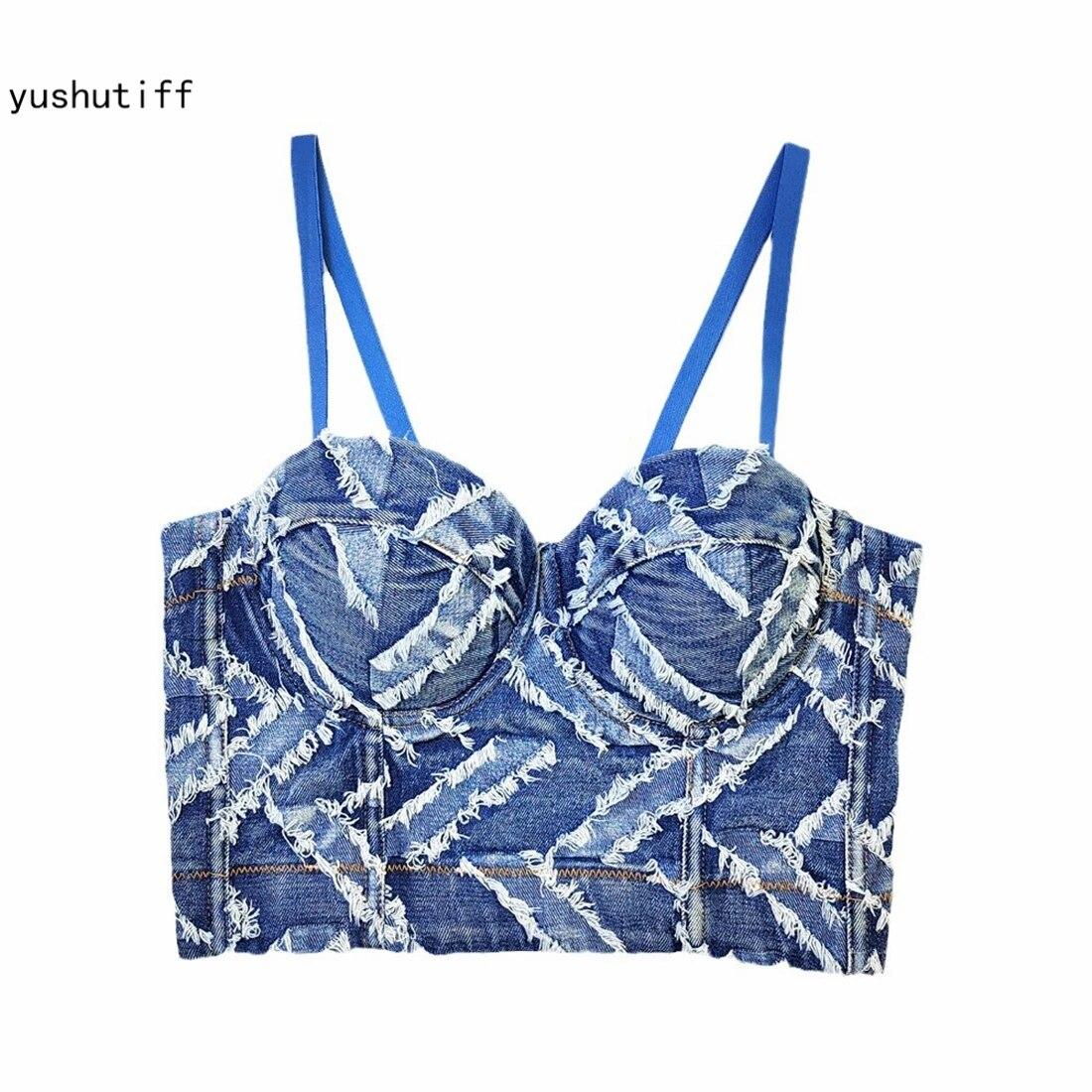 

Укороченный топ yushutiff, джинсовый корсет для ночного клуба, бюстгальтер-кокетка, одежда Rave Festival, бюстье, женские летние вечерние жилеты без рукавов
