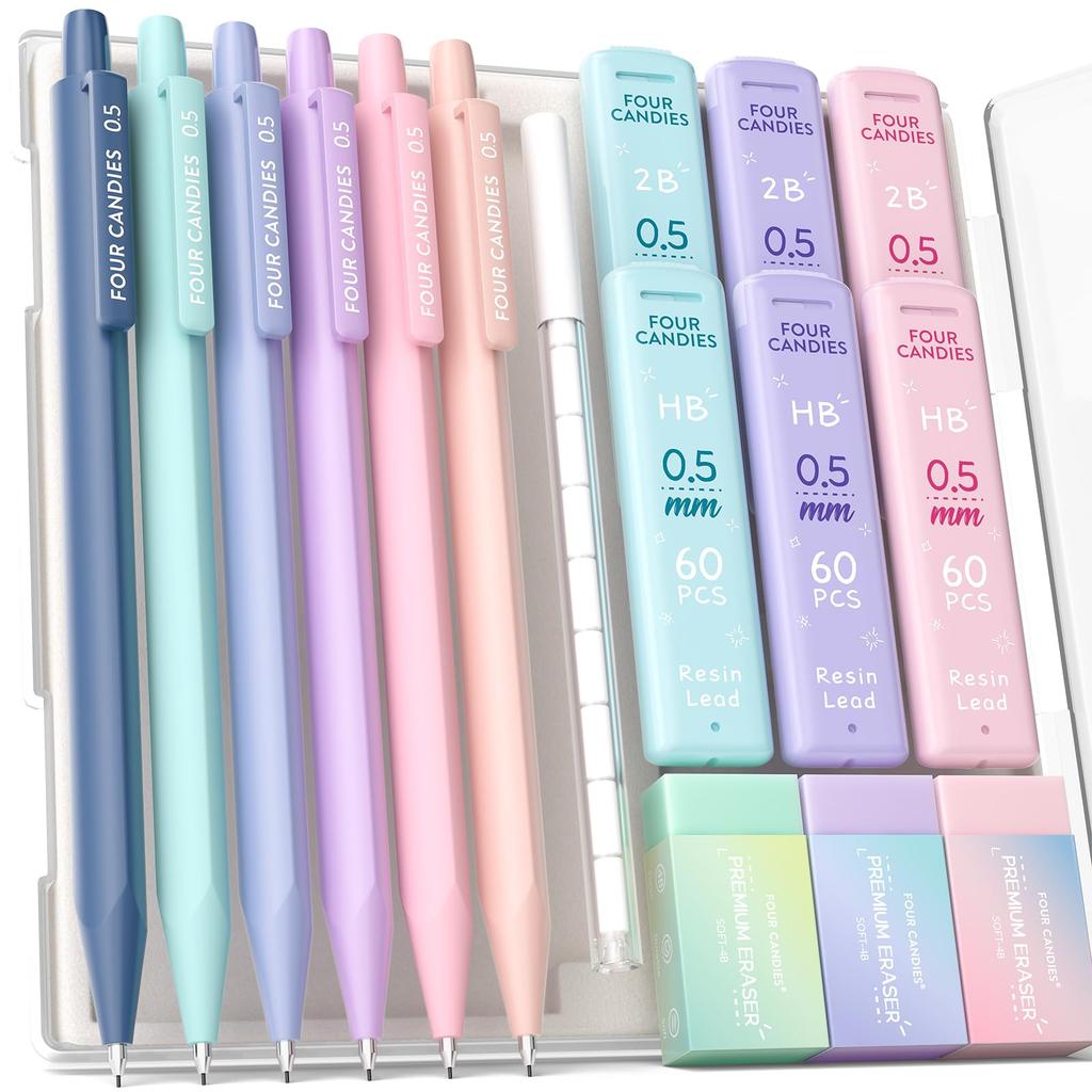 Four Candies Pastel Mechanical Pencil Set HB Easy To Write Includes 360 Leads and Eraser Cute and Simple Design for Girls and Boys School Supplies Set