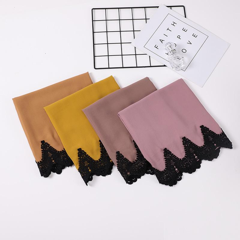 New Pearl Chiffon Malaysia Fashion Black Lace Scarves Muslim Shawl Plain Soft Turban Head Wraps Headband