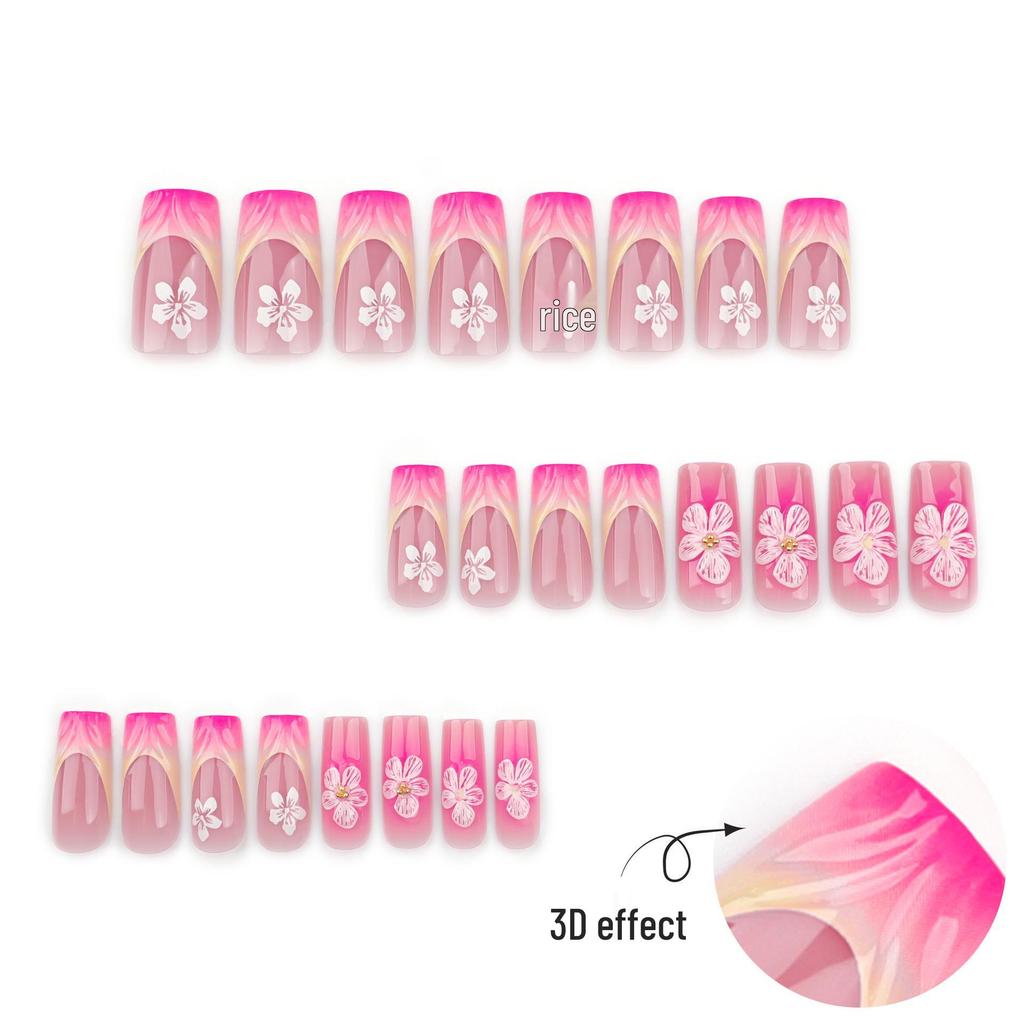 3D Blushed Gradient French Nail Art - Short Square Wearable Finished Flower Nail Tips