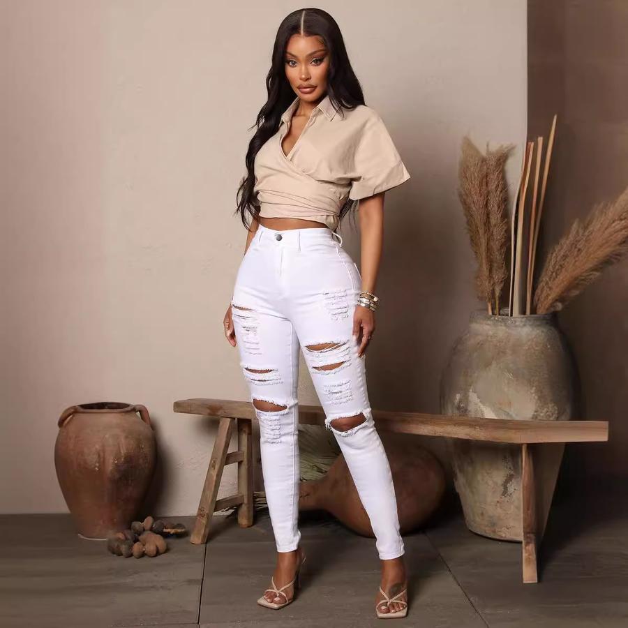 New Black and White Elastic Hole Denim Jeans Women's Slim Fit Pants