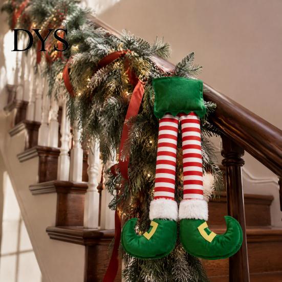 Unique Xmas Tree Hanging Ornaments Christmas Elf Leg Ornaments, Red Green Striped Fabric Decorations Novelty Decor for Home Holiday Fireplace And Car