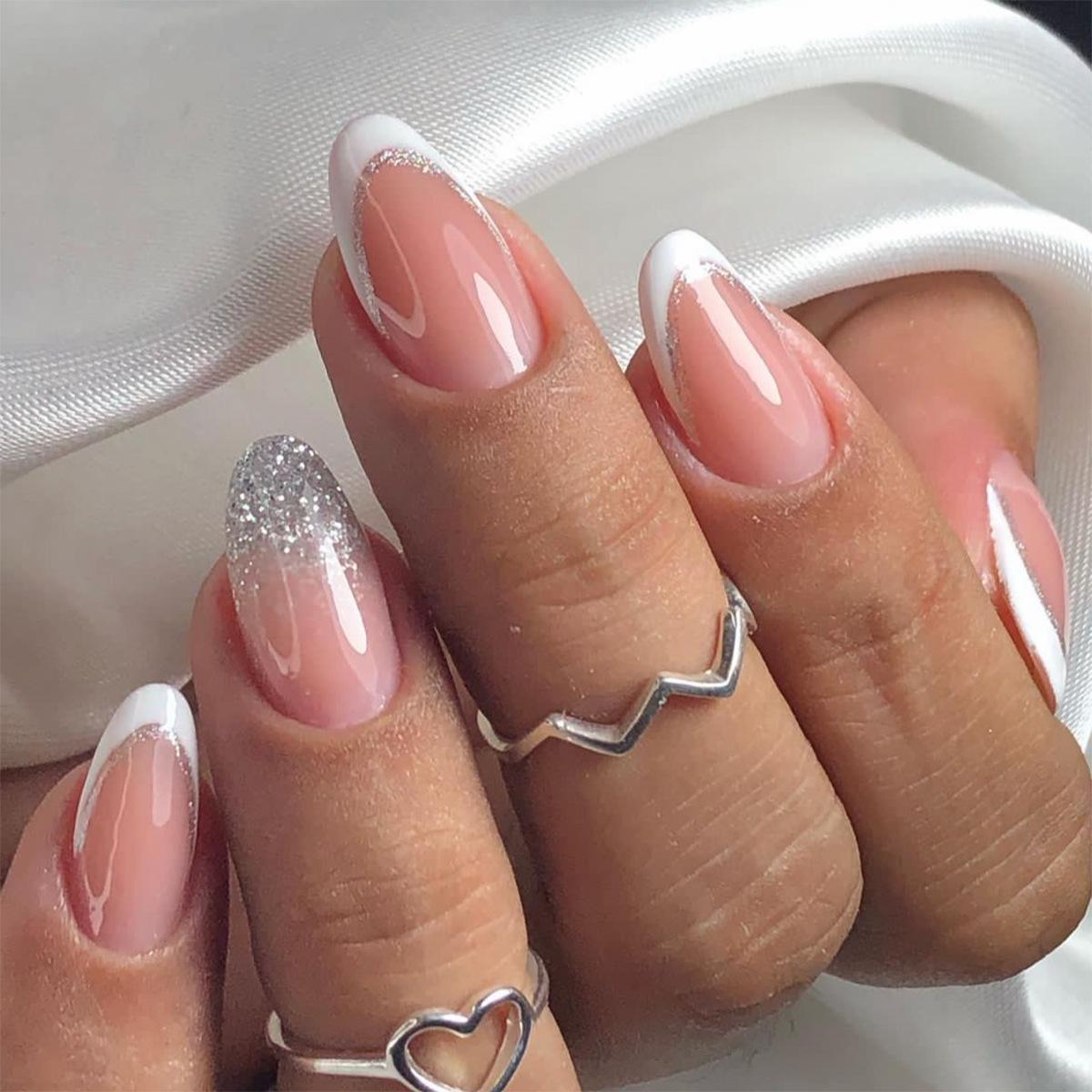 

Almond-Shaped Press-On Nails with White French Glitter Patches