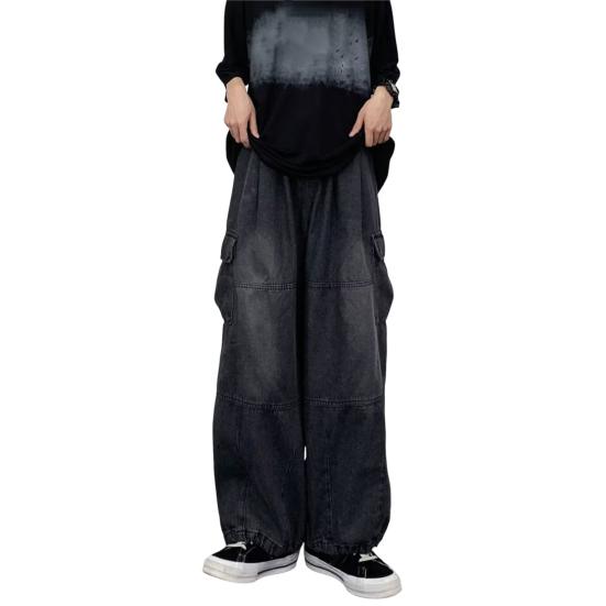 

Men Baggy Cargo Jeans Multiple Pockets Solid Color Zipper Fly Loose Straight Wide Leg Pants Autumn Denim Trousers Streetwear S