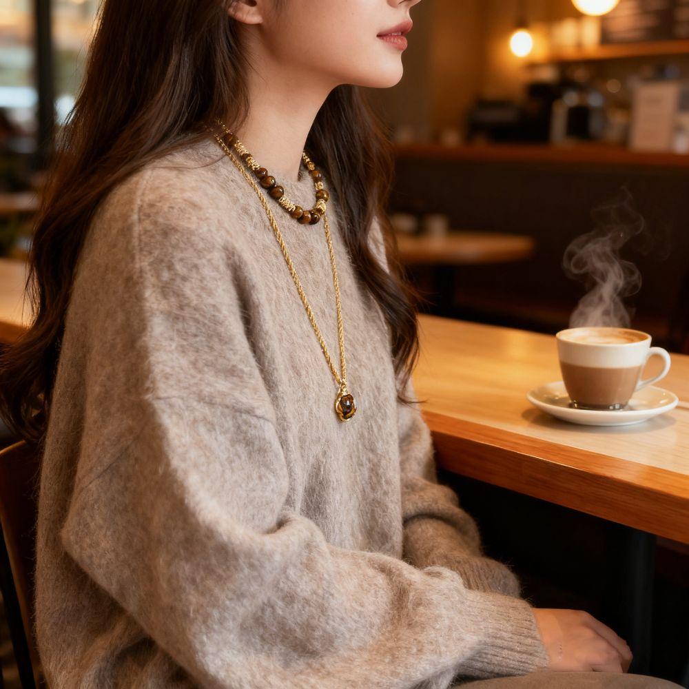 Retro Tiger Eye Stone Necklace Maillard Chain Choker Pearl Beaded Necklaces  Cloth Accessories