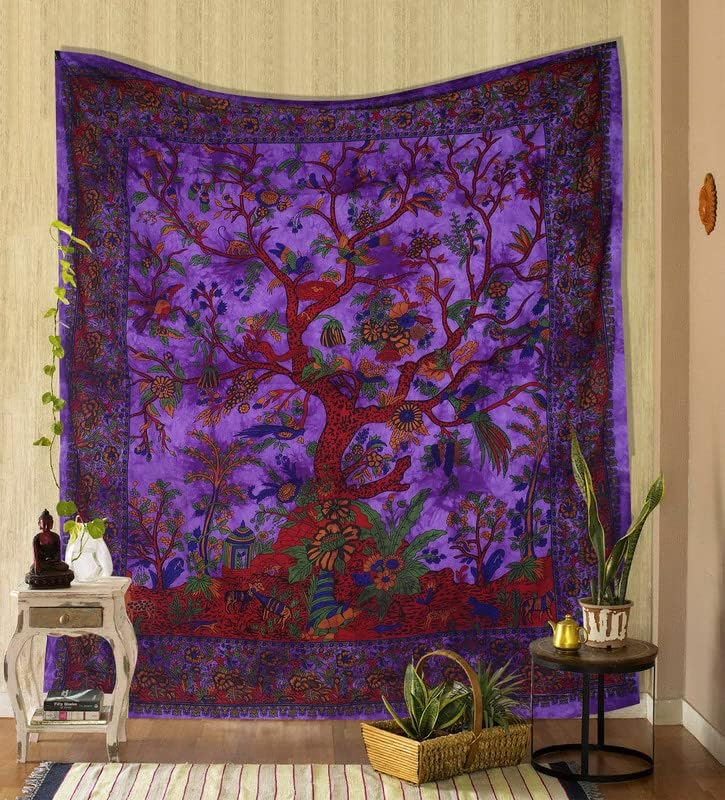 Indian Tree of Life Tapestry Boho Wall Art Multicolor Floral Design Ethnic Decor for Home Living Room Bedroom Yoga Space