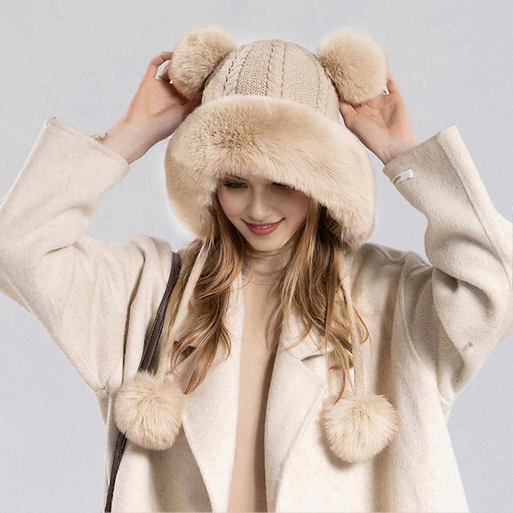 Winter Ladies Hat Fluffy Plush Thickened Heat Retention Ball Decor Ear Protection Solid Color Windproof Outdoor Camping Cycling Skiing Headwear