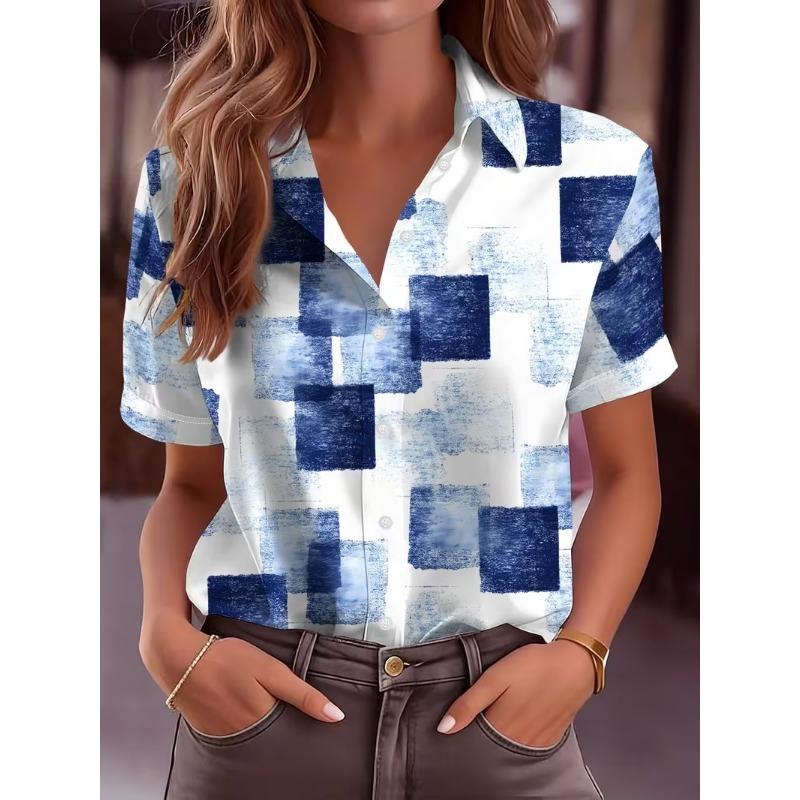 Simple and personalized love print summer women's plus size lapel short sleeved shirt fashionable daily versatile casual top