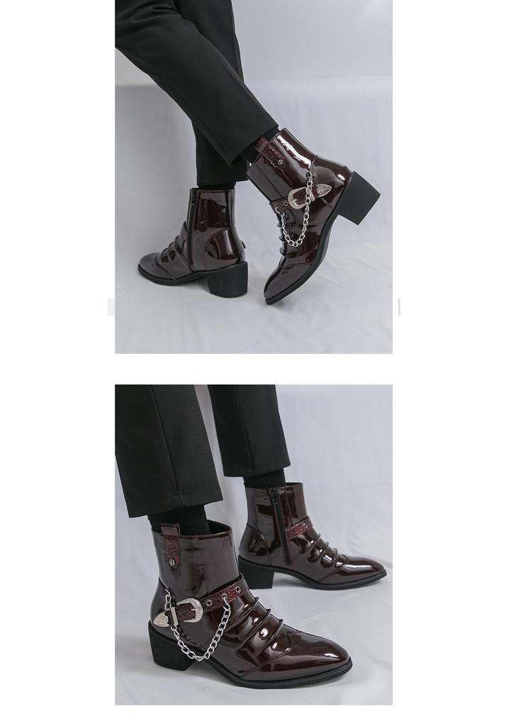Chelsea Martin Men's High-Top Patent Leather Boots with Pointed Toe, British Style, Zipper, and Height Increasing Feature for Autumn/Winter.