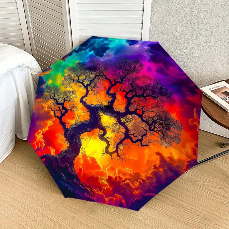 1PC Tree of Life Cosmic Art Pattern Small Travel Automatic Folding Umbrella, Compact Windproof Umbrella, Automatic Open/Close ,Gift-091533