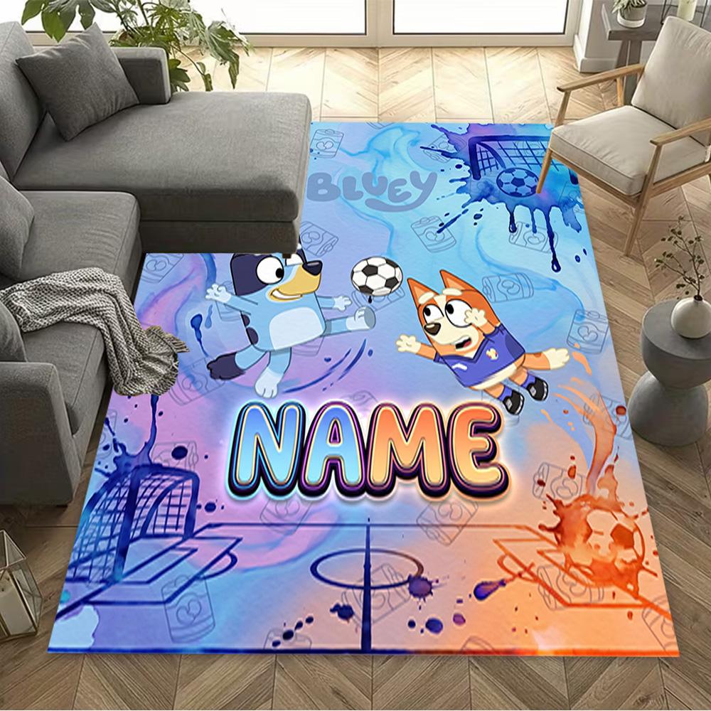 Bluey Soccer Fun Personalized Name Area Rug Design for Dining Room Balcony Dormitory Decorate room Anti-slip Rug Anime Office Decor Best for Christmas