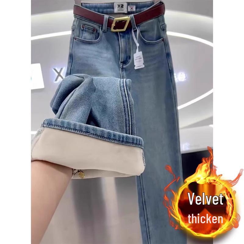 Women's Plus Size Fleece-Lined High-Waisted Straight-Leg Jeans - Slimming Autumn/Winter Pants