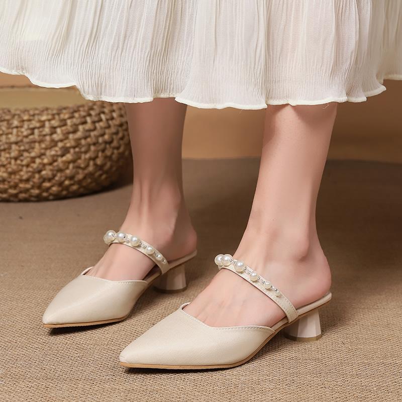 French Style Women's Mules Half Covered Head Slip-On Shoes Elegant Ladywear Outdoor Ladies Single Shoes Silk Upper Rubber Sole