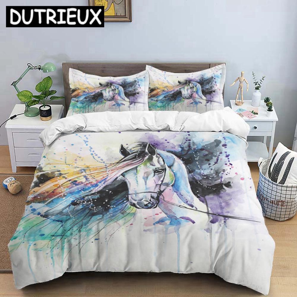 

HD Print Horses Beding Set - Double/Children s/King-Sized Dimensionsd Dimensions for Tens featuring Soft Duvet Covers, Pilowcases & Warm Comforter 100*200cm Single