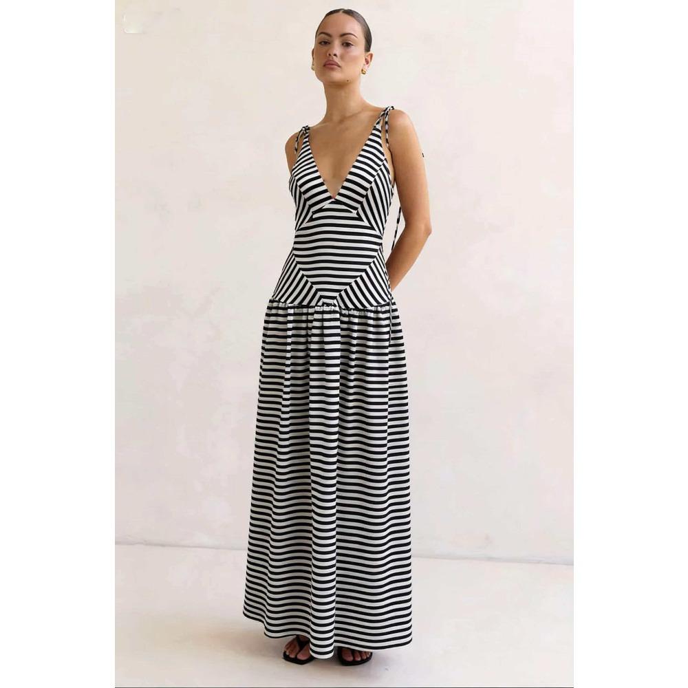 European, American Black and White Striped Holiday Style Waist Fashion Summer Dress 86-1 S