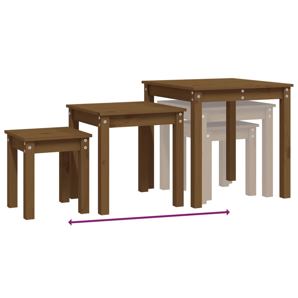 3 Piece Nesting Tables Set Honey Brown Solid Pine Wood