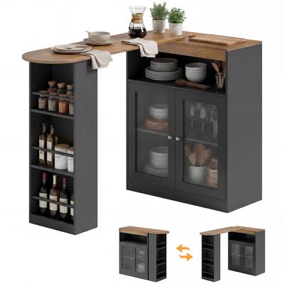 Masă înaltă extensibilă și pivotantă la 90 de grade cu rafturi deschise și 2 uși din sticlă 150x80x105,5 cm Negru și Natural
