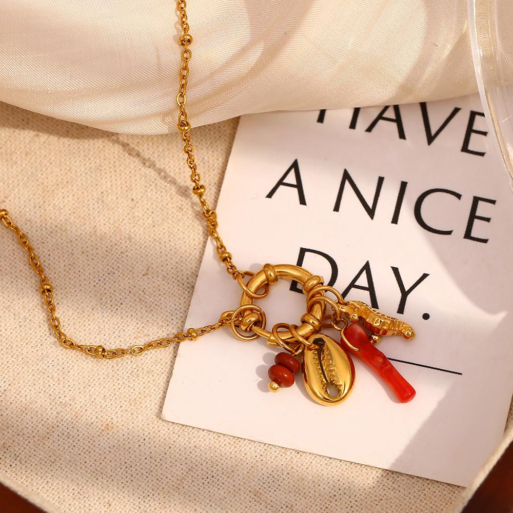 Dreamshow Summer Fashion Shell Seahorse Pendant Necklace Bead Chain Gold Plated Stainless Steel Jewelry