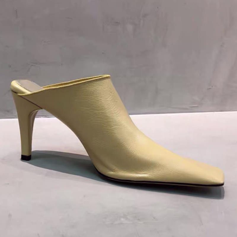 Fashion European And American Style High-Heeled Slippers Female Summer Square Head Thick With Patent Leather Bun Head Muller Half Slippe