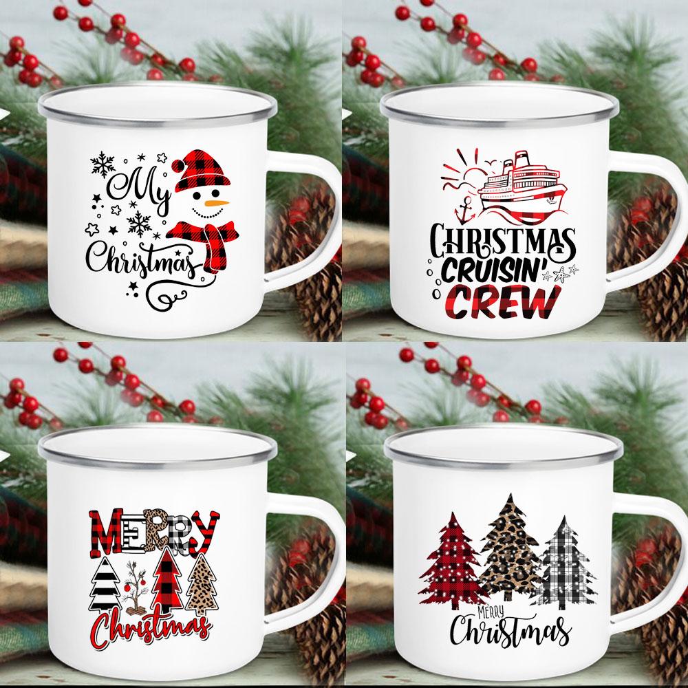 Snowman Ship Print Enamel Coffee Mugs Beer Juice Mug Handle Cocoa Cups Merry Christmas Cup Party Table Decoration New Year Gift