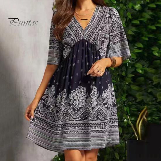 Стильное тонкое повседневное платье с V-образным вырезом Ретро Свободный подол Летнее мини-платье Уличная одежда