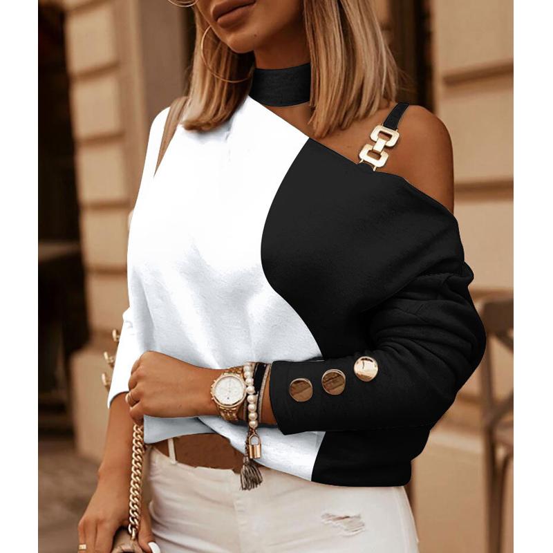 Damen Frühling Neue Mode Kontrast Farbe Diagonal Schulter Kette Hängenden Hals Print Top