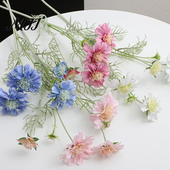 Three Dimensional Silk Flower Heads Artificial Scabious Flowers with Bendable Long Stems, Realistic Faux Chrysanthemum for Table Vase Centerpiece