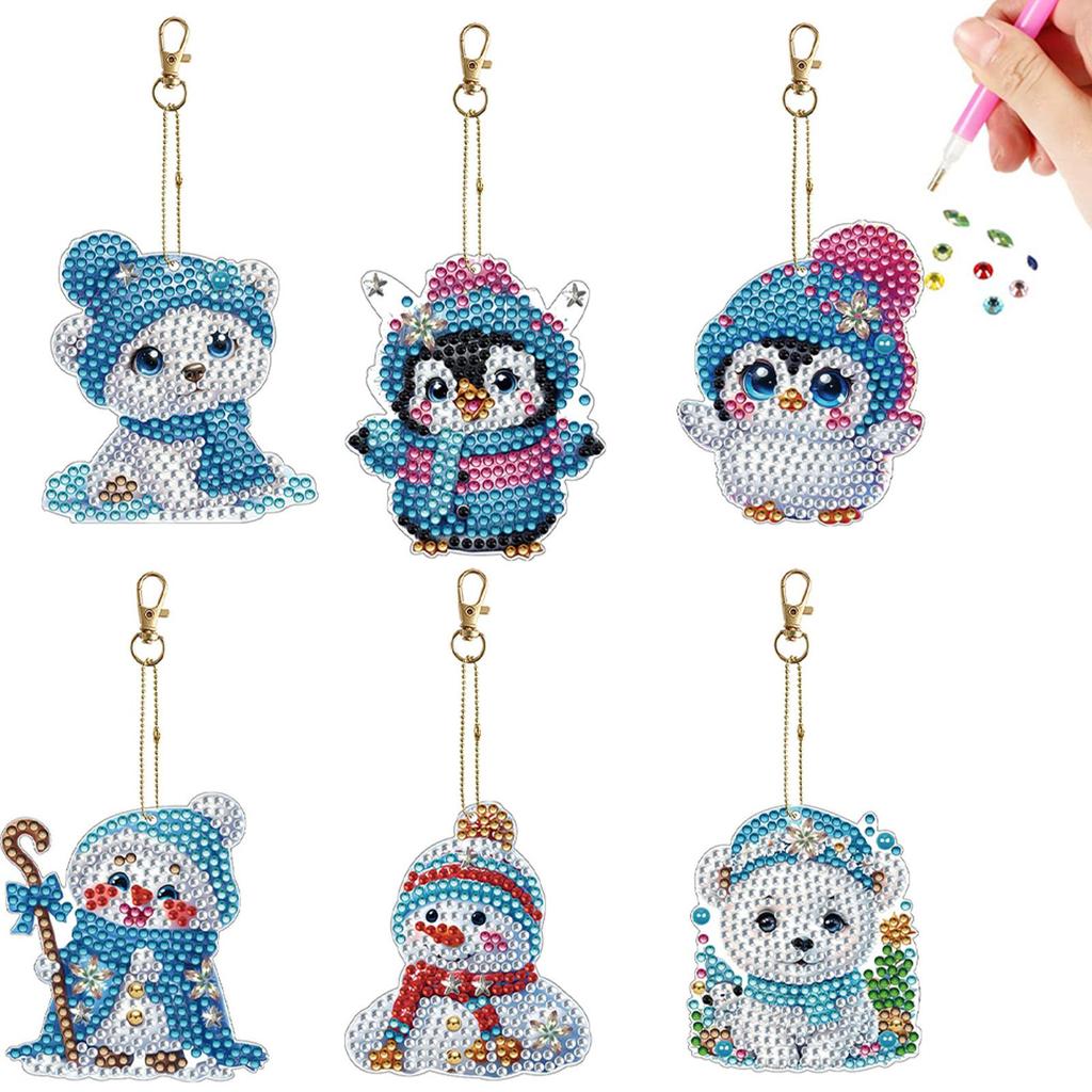 6Pcs Double Sided DIY 5D Round Diamond Art Charms Diamond Art Set Irregular Diamond Art Key Rings for Beginners Enthusiasts
