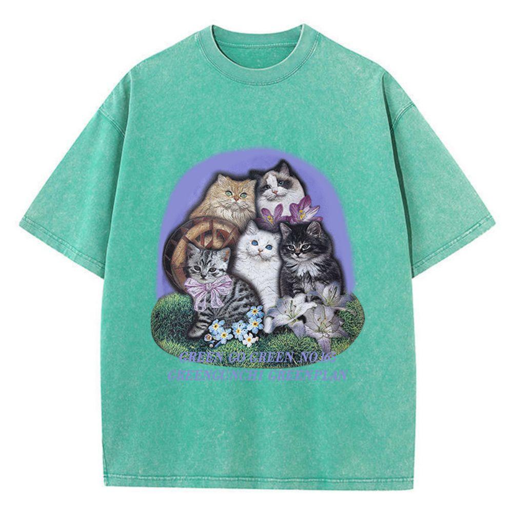 Womans Cotton Washed T-Shirts Five Different Breeds Of Cats Prints Short Sleeve O-Neck Soft Distressed Female Clothes