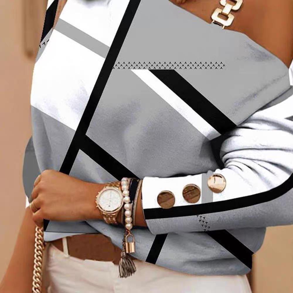 2023 Autumn/Winter Long Sleeve Chain Halter Print Button-Decorated Top for Women