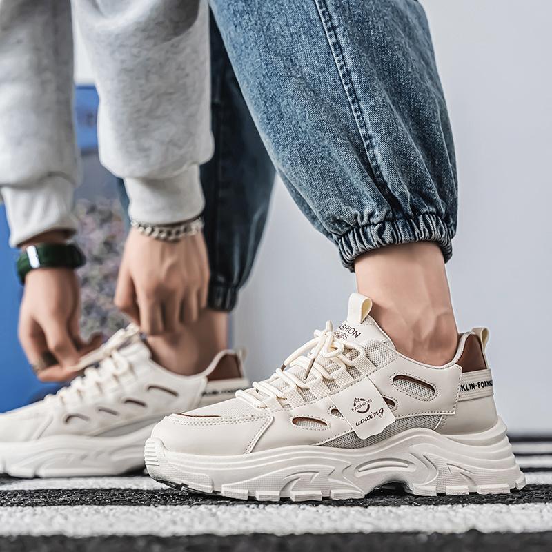 Mesh Men's Shoes Spring and Autumn New Casual Retro Sports Shoes Platform Heightening Explosion Running Dad Shoes White Shoes