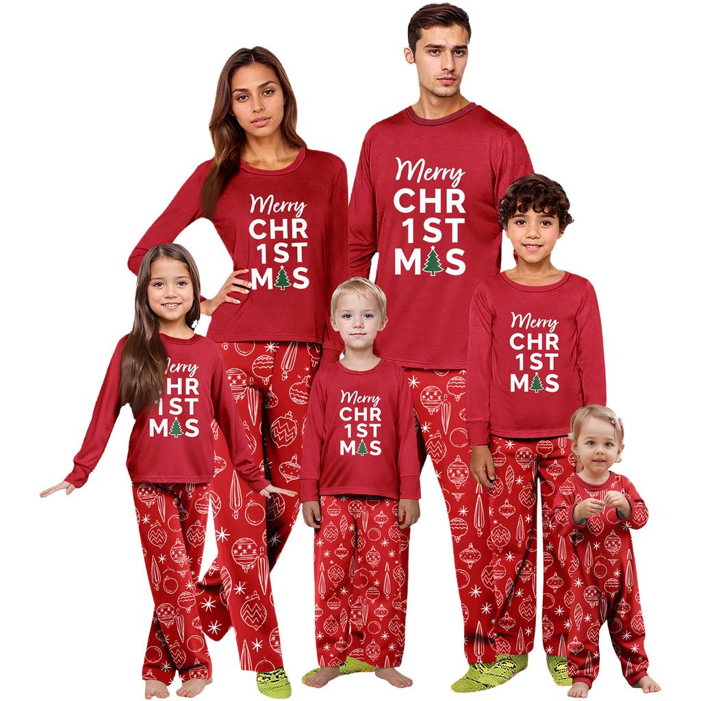 Family Matching Christmas Print Pajama Set, Round Neck Long Sleeve and Long Pants Loungewear for Holiday