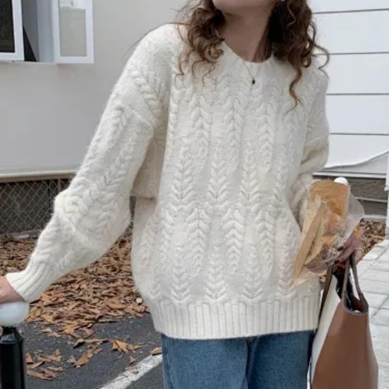 Women S Thick Fleece Knit Pullover Sweater Round Neck Winter Loose Fit Soft Inner Wear