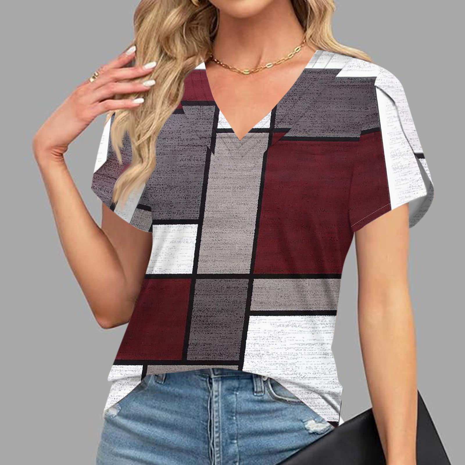 

Блузки для жінок Одягнений повсякденний, модний принт, короткий рукав, ретро-принт, футболка Унікальний дизайн, V-подібний виріз, великі футболки XL винний