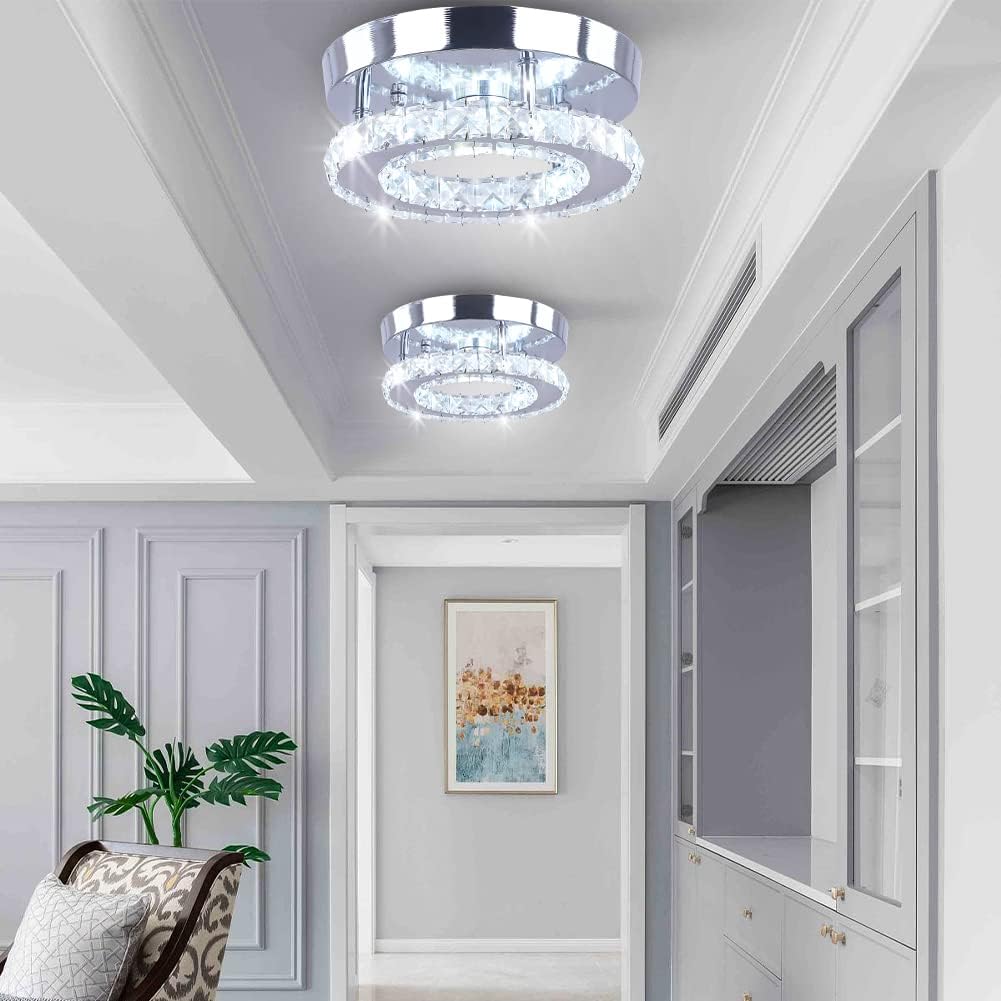 Modern Mini Led Chandelier Semi Flush Mount Crystal Lighting Ceiling Crystal Lamp for Bedrooms Dinning Rooms Hallway Round White