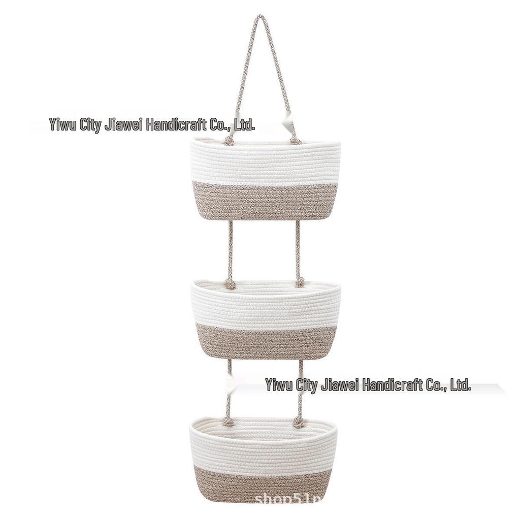 Three-Layer Wall-Mounted Cotton Rope Storage Basket - Decorative Indoor Organizer for Books and Sundries.