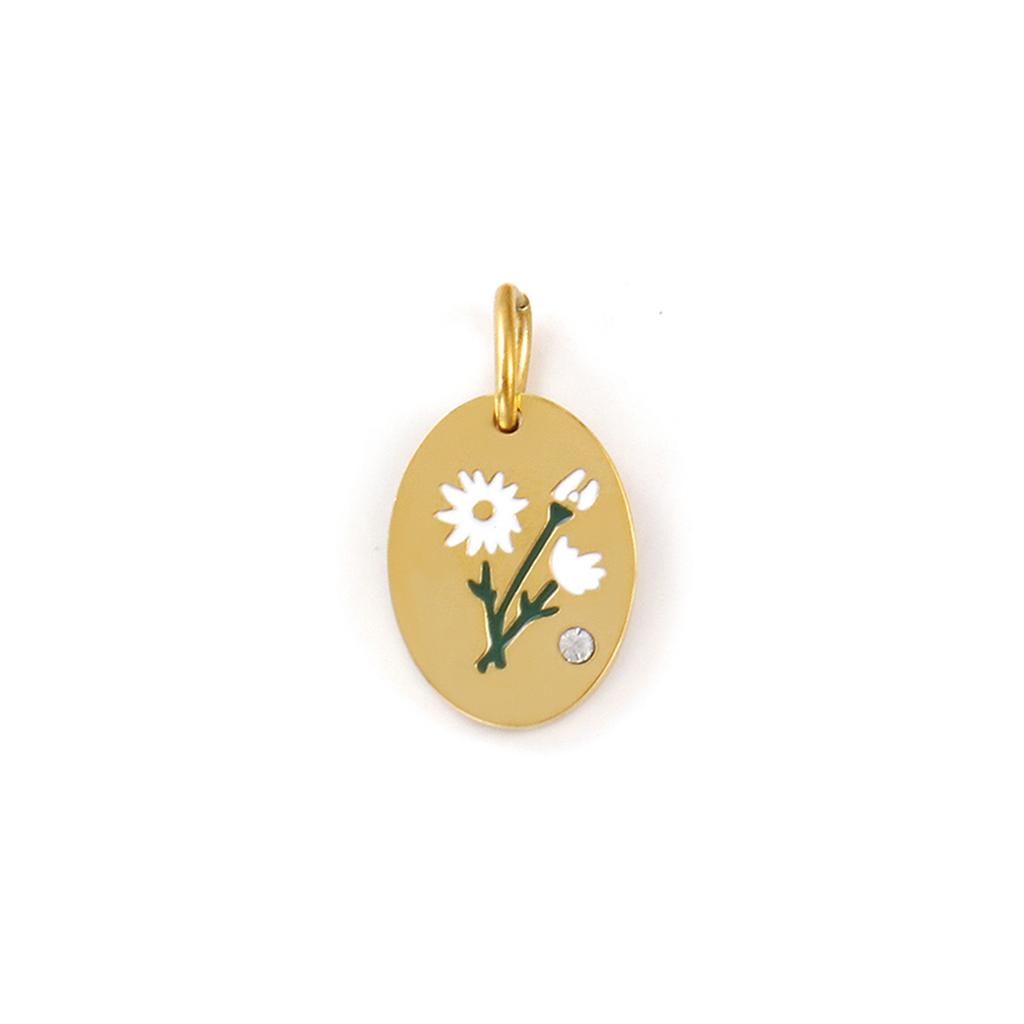 1 Piece 304 Stainless Steel Birth Month Flower Charms Enamel Oval Flower Clear Cubic Zirconia Pendants DIY Necklace 20mm X 11mm